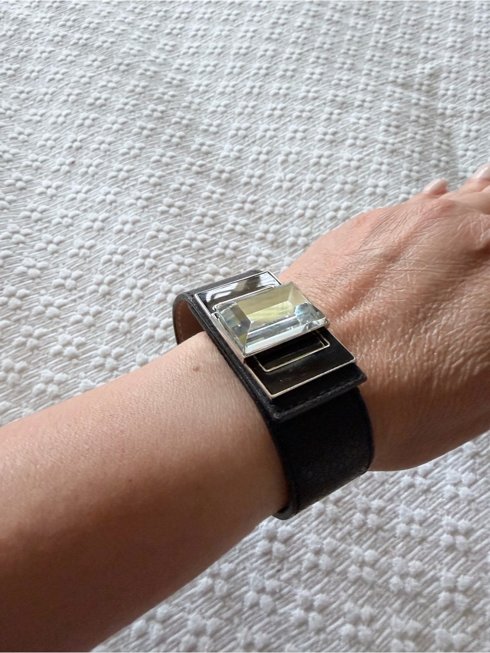 Swarovski Black Leather Bracelet with Clear Faceted Crystal Accent